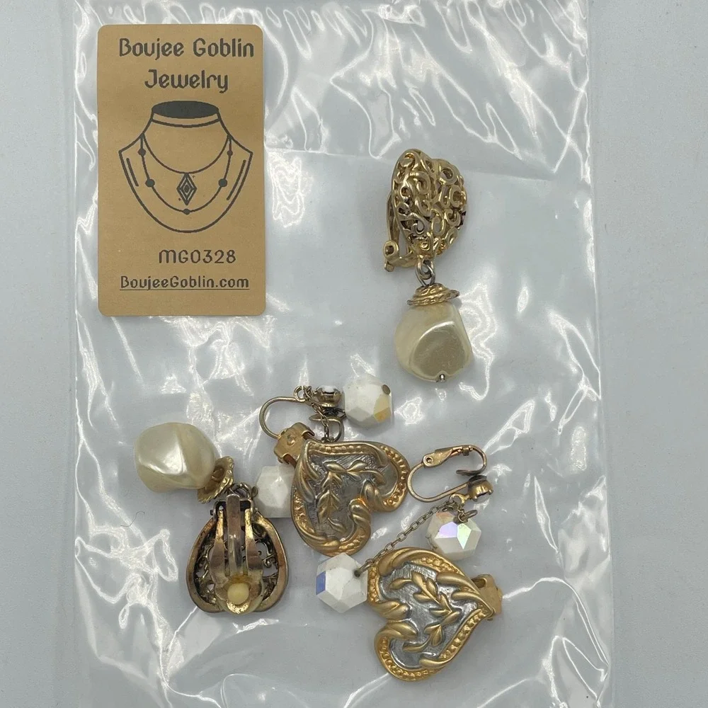 Vintage Estate Clip-On Earring Lot Mixed Style Dangle Faux Pearl Heart 3 Pairs